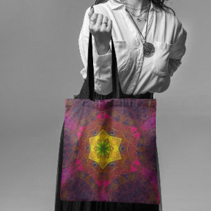 Bolso De Tela Mosaico Kaleidoscope Flor amarillo morado y rosa