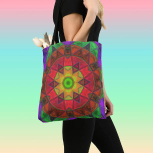 Bolso De Tela Mosaico Kaleidoscope Flor Verde Rojo y Púrpura