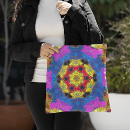 Bolso De Tela Mosaico Mandala Flor amarillo rosa y azul