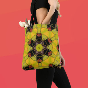 Bolso De Tela Mosaico Mandala Flor Amarillo Verde Rojo y Negro