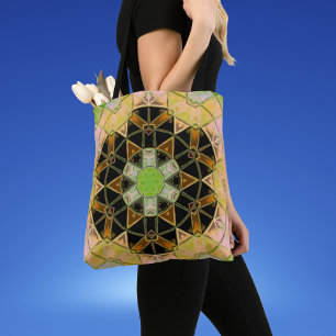 Bolso De Tela Mosaico Mandala Flor Amarillo Verde y Negro