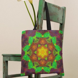 Bolso De Tela Mosaico Mandala Flor Amarillo Verde y Púrpura