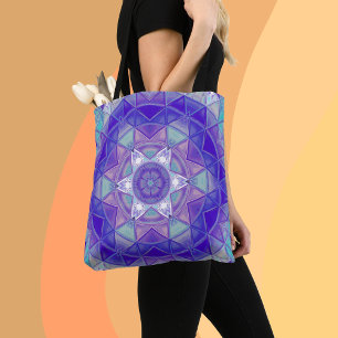 Bolso De Tela Mosaico Mandala Flor Azul morado y blanco