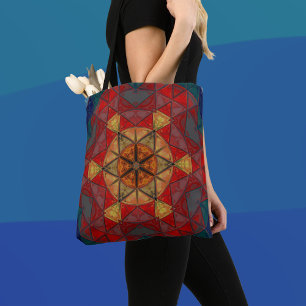 Bolso De Tela Mosaico Mandala Flor azul rojo y amarillo