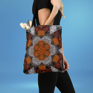 Bolso De Tela Mosaico Mandala Flor Naranja Blanco y Negro