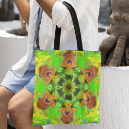 Bolso De Tela Mosaico Mandala Flor Naranja Verde y Amarillo