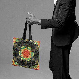 Bolso De Tela Mosaico Mandala Flor Rojo Amarillo Verde y Negro