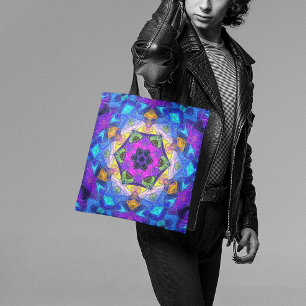 Bolso De Tela Mosaico Mandala Flor rosa azul y amarillo