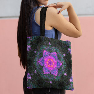 Bolso De Tela Mosaico Mandala Flor rosa y negro