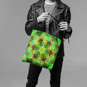 Bolso De Tela Mosaico Mandala Flor Verde Azul y Amarillo