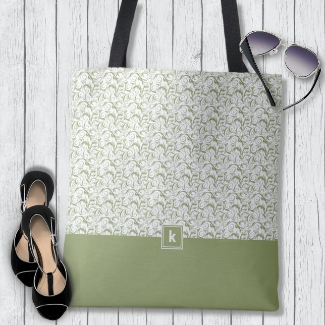 Bolso De Tela Moss Green Damask Pattern Monograma Tote Bag (Subido por el creador)
