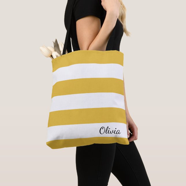 Bolso De Tela Mostaza personalizada y Tote a rayas blancas (Detalle)
