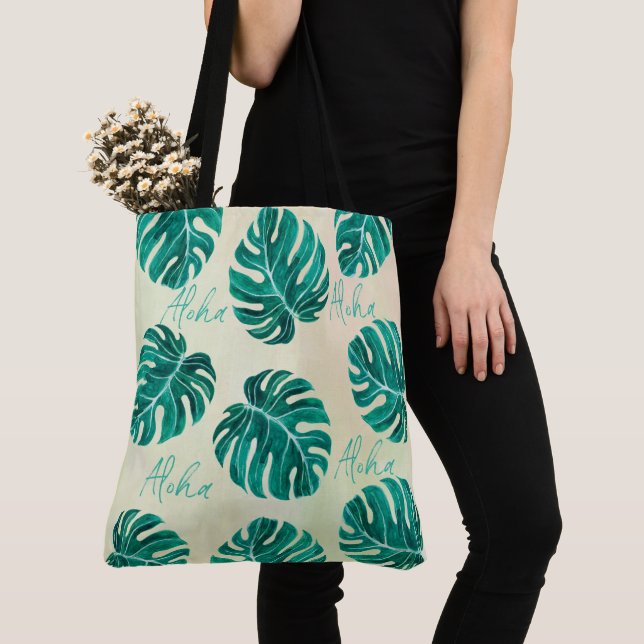 Bolso De Tela Mostera tropical hojas de palma verde esmeralda al (Detalle)