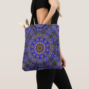 Bolso De Tela Motivo Mandela de Contorno Azul y Amarillo