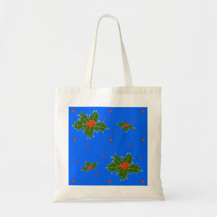 Bolso De Tela Motivo navideño de acebo (Ilex) sobre azul festivo