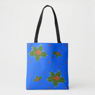 Bolso De Tela Motivo navideño de acebo (Ilex) sobre azul festivo
