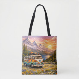 Bolso De Tela Mountain Sunset Wildflowers Retro Hippie Van Life
