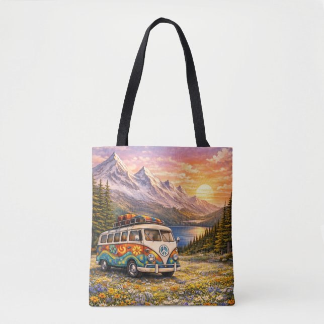 Bolso De Tela Mountain Sunset Wildflowers Retro Hippie Van Life (Anverso)