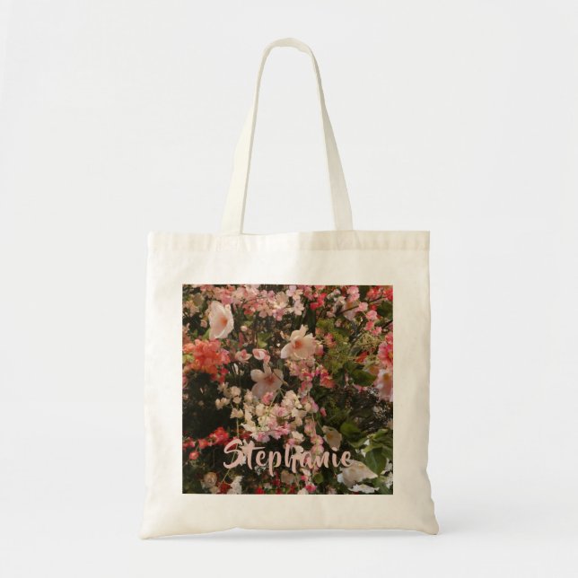 Bolso De Tela Muchas Flores Blancas Rosadas Nombre Personalizado (Frente)