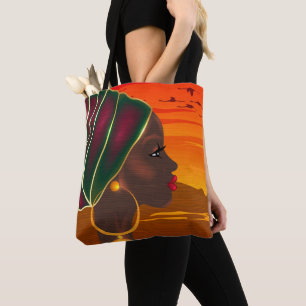 Bolso De Tela Mujer africana y puesta de sol del paisaje de Sava