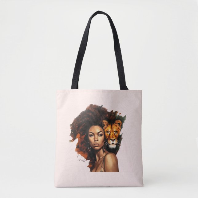Bolso De Tela Mujer afroamericana con león majestuoso (Anverso)