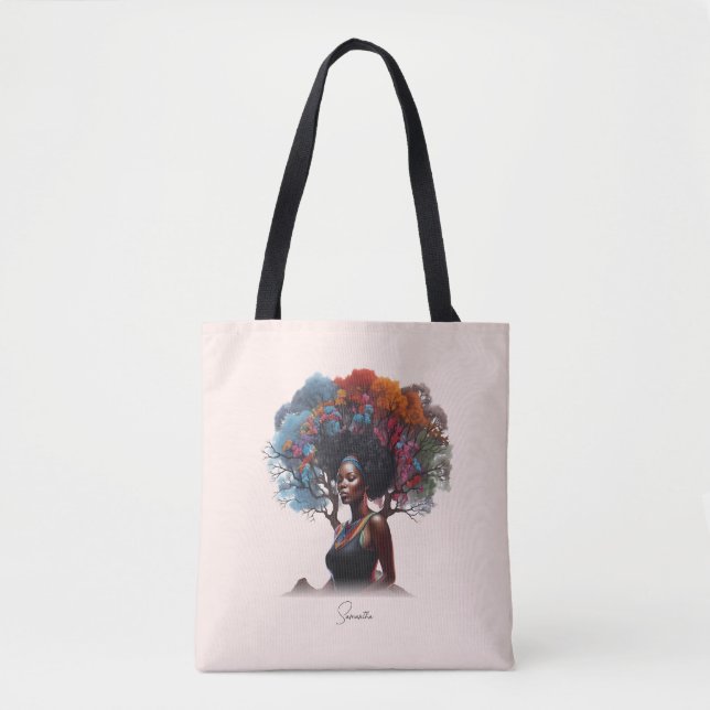 Bolso De Tela Mujer afroamericana con pelo adornado con árbol (Anverso)