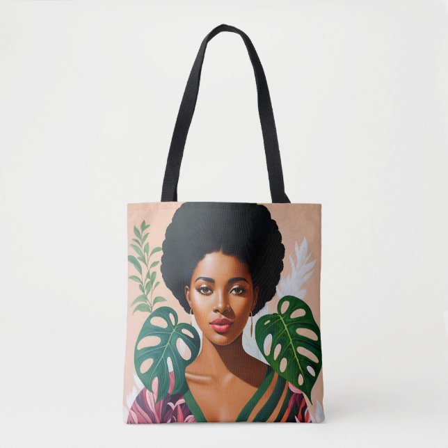 Bolso De Tela Mujer afronegra Monstera Deliciosa Botánica (Anverso)