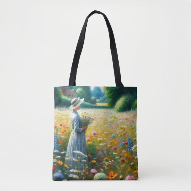 Bolso De Tela Mujer con flores en una casa (Anverso)