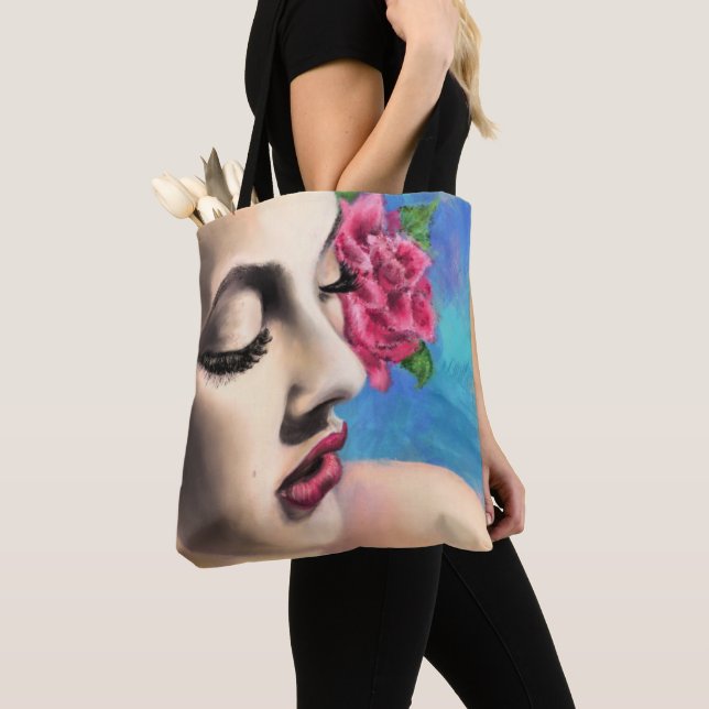 Bolso De Tela Mujer de belleza con rosa rojo - Arte de pintura o (Detalle)