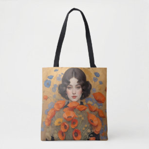 Bolso De Tela Mujer elegante sosteniendo un ramo de flores de am