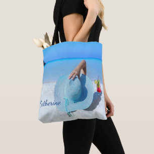Bolso De Tela Mujer En La Playa Con Bebida (Nombre Personalizado