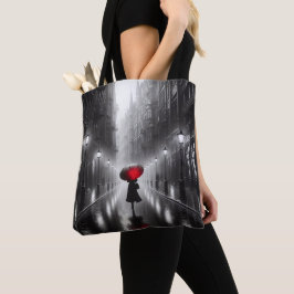Bolso De Tela Mujer En Lluvia Con Paraguas Rojo