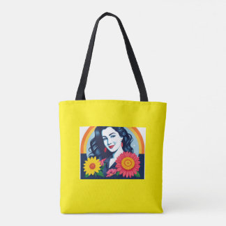 Bolso De Tela mujer feliz sonriente frente a las flores