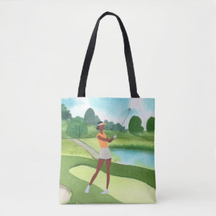 Bolso De Tela Mujer golfista jugando con el cielo azul de hierba