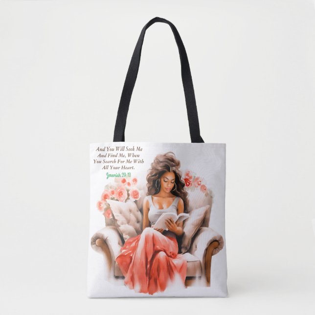 Bolso De Tela Mujer leyendo biblia contra blanco (Anverso)