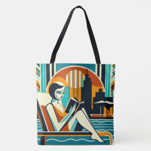 Bolso De Tela Mujer leyendo libro de diseño Art Déco en la pisci