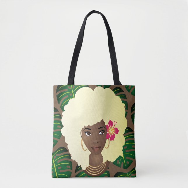 Bolso De Tela Mujer negra, África rubia, hojas verdes, marrón (Anverso)