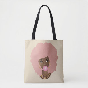 Bolso De Tela Mujer negra, afro rosado, batiburrillo rosado
