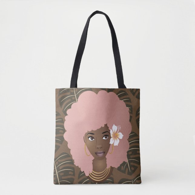 Bolso De Tela Mujer negra, afro rosado, patrón de hojas, marrón (Anverso)