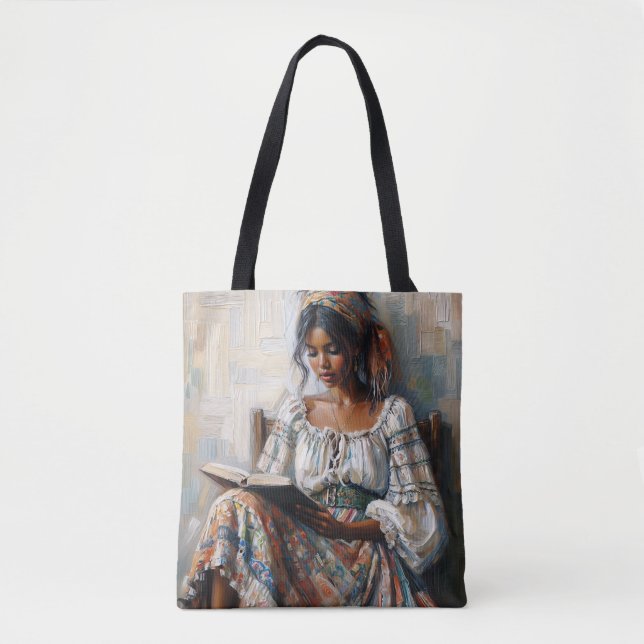 Bolso De Tela Mujer Negra Boho Leyendo (Anverso)