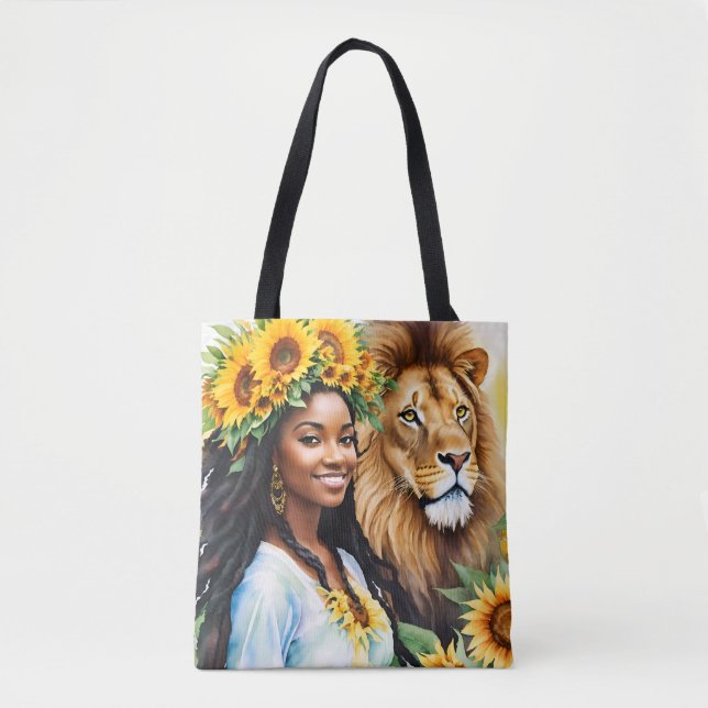 Bolso De Tela Mujer negra con girasoles y León (Anverso)