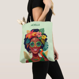 Bolso De Tela Mujer negra, flores tropicales y loro