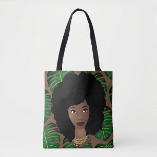 Bolso De Tela Mujer negra, pelo natural, hojas verdes, marrón