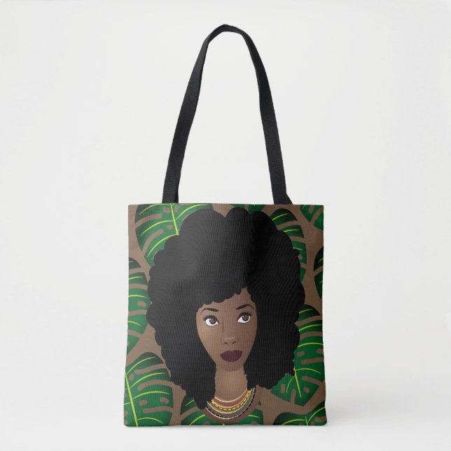 Bolso De Tela Mujer negra, pelo natural, hojas verdes, marrón (Anverso)