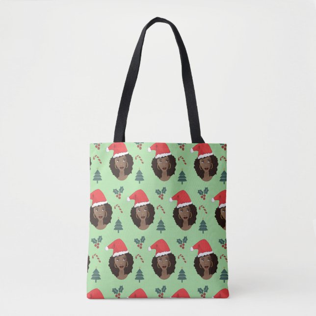 Bolso De Tela Mujer negra, Santa Hat, Navidades patrón verde (Anverso)