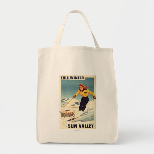 Bolso De Tela Mujer pelirroja sonriendo y esquiando Poster (Frente)