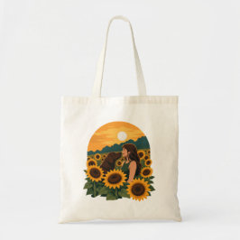 Bolso De Tela Mujer y Labrador de chocolate en un girasol dorado