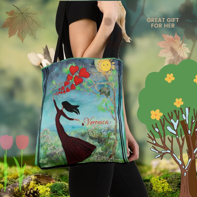 Bolso De Tela Mujeres caprichosas liberando corazones (Whimsical Women Releasing Hearts Tote Bag)