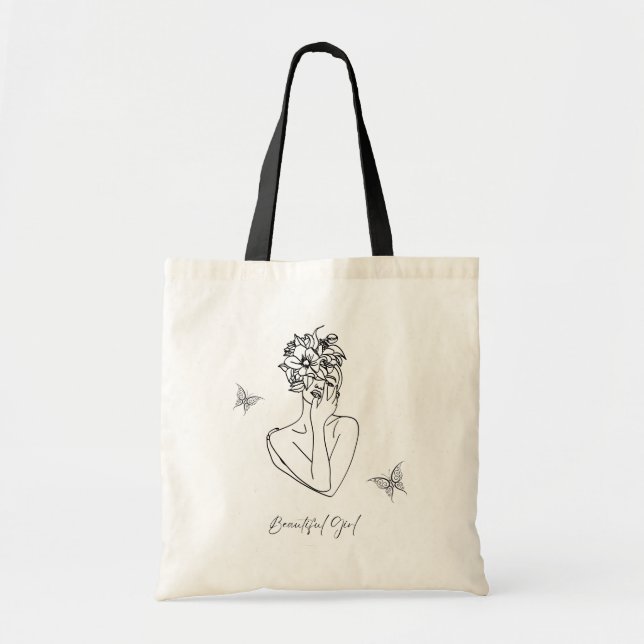 Bolso De Tela Mujeres Flores Mariposa Face Retrato Hermoso (Frente)