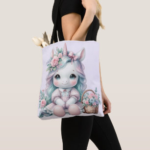 Bolso De Tela Muñeca de Unicornio Kawaii Pastel con Cesta de Flo